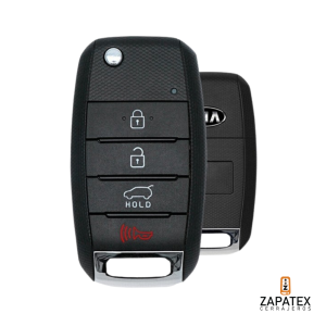 Llave moderna con chip transponder para vehículos Kia. Zapatex Cerrajeros programa y duplica llaves Kia en Puerto Rico. Incluye control remoto con 4 botones: lock, unlock, panic y trunk.