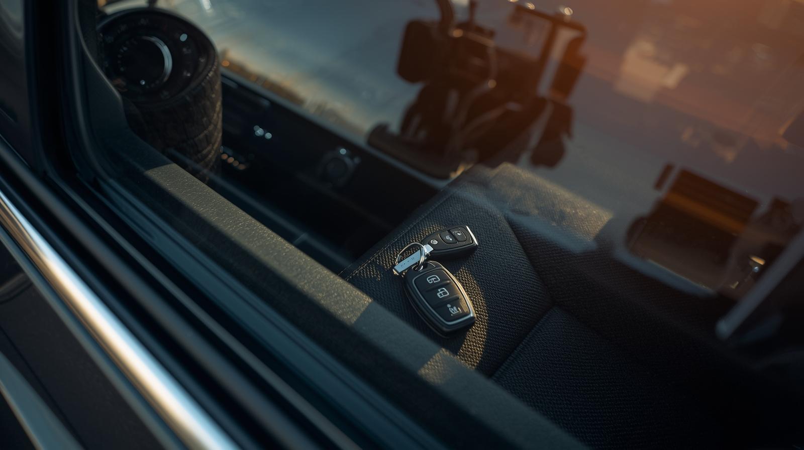 Llave moderna de carro con beeper dentro del vehiculo cerrado vista a traves de ventana. Guia abrir carro sin llave emergencia Puerto Rico 2026. Zapatex Cerrajeros servicio profesional.
