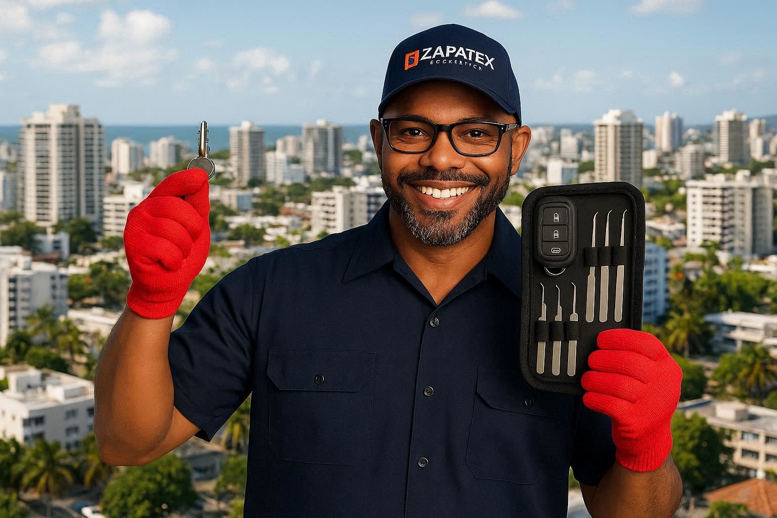 Tecnico cerrajero profesional de Zapatex en Puerto Rico con uniforme naranja, guantes rojos y kit de herramientas especializado