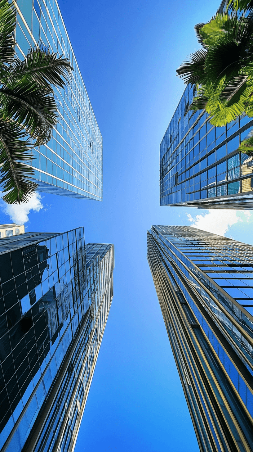 Vista vertical de torres de oficinas en Hato Rey, Puerto Rico. Cerrajería profesional en Hato Rey para oficinas, comercios y autos. Técnicos certificados de Zapatex disponibles 9AM-9PM todos los días.