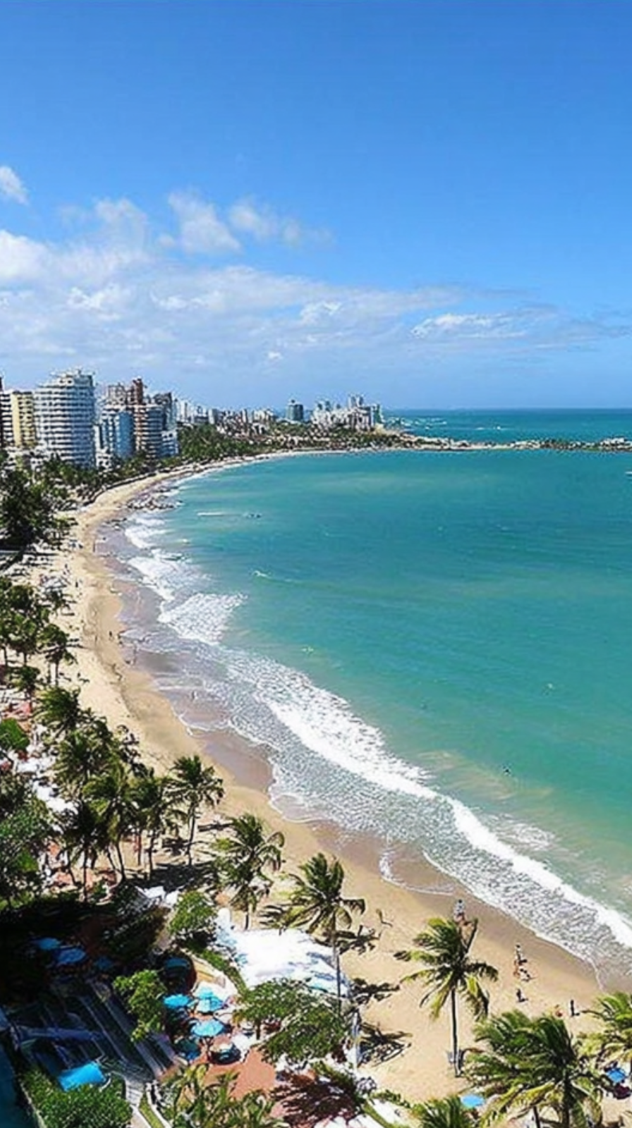 Vista aérea de la playa de Isla Verde en Carolina con palmeras, arena blanca y hoteles. Zapatex Cerrajeros ofrece servicio profesional de cerrajería para hoteles y apartamentos turísticos en Isla Verde disponible 9AM-9PM.