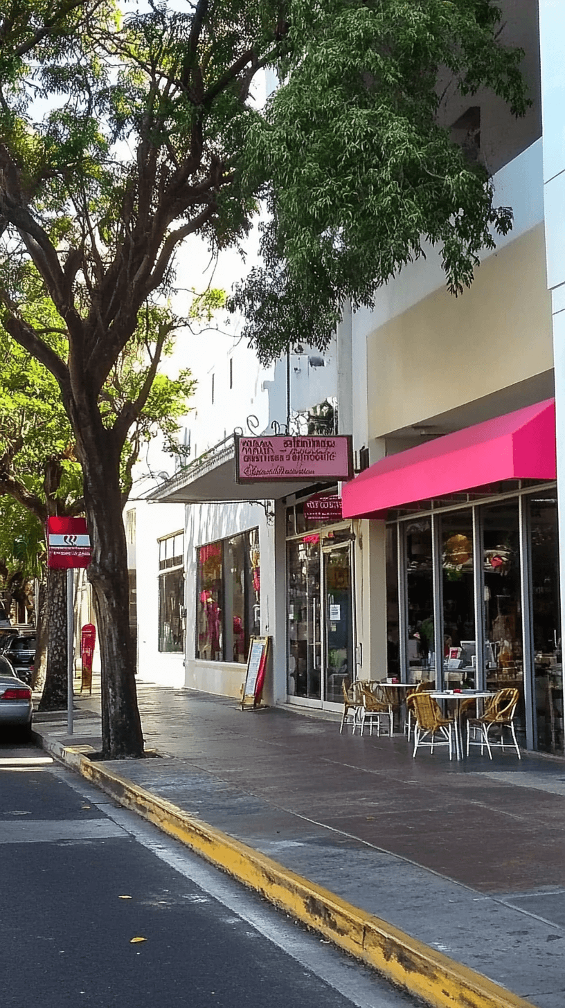 Vista vertical de calle con restaurantes en Miramar, Puerto Rico. Cerrajería profesional en Miramar para restaurantes, residencias y autos. Técnicos certificados de Zapatex disponibles 9AM-9PM todos los días.