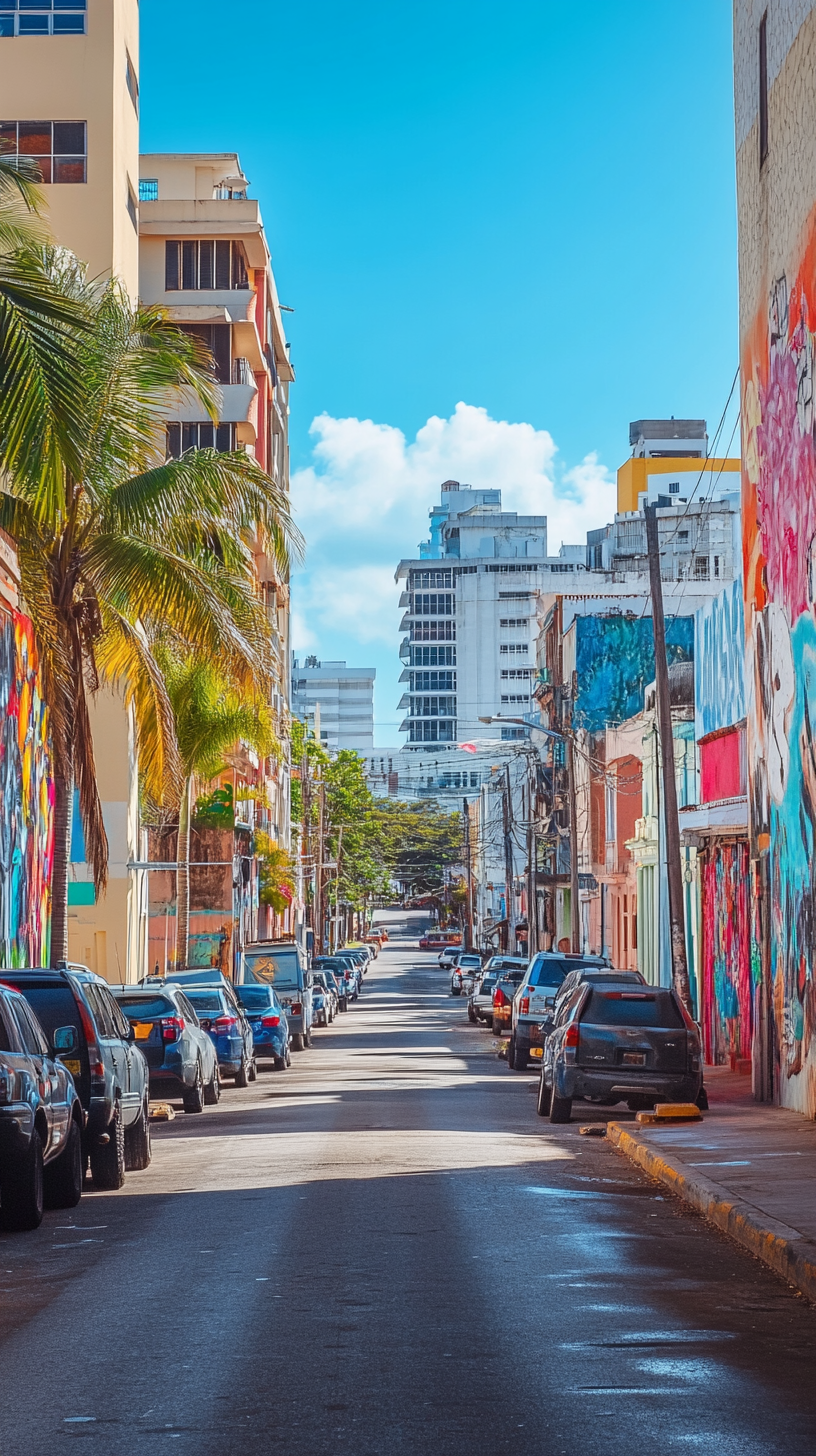 Vista vertical de edificios y comercios en Santurce, Puerto Rico. Cerrajería profesional en Santurce para hogares, autos y negocios. Técnicos certificados de Zapatex disponibles 9AM-9PM todos los días.