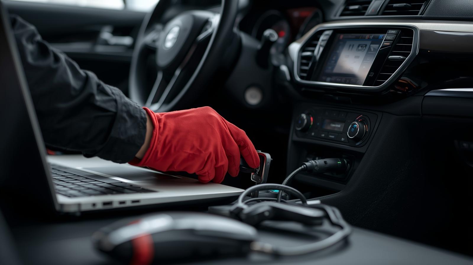 Tecnico profesional programando llave carro equipos especializados laptop OBD