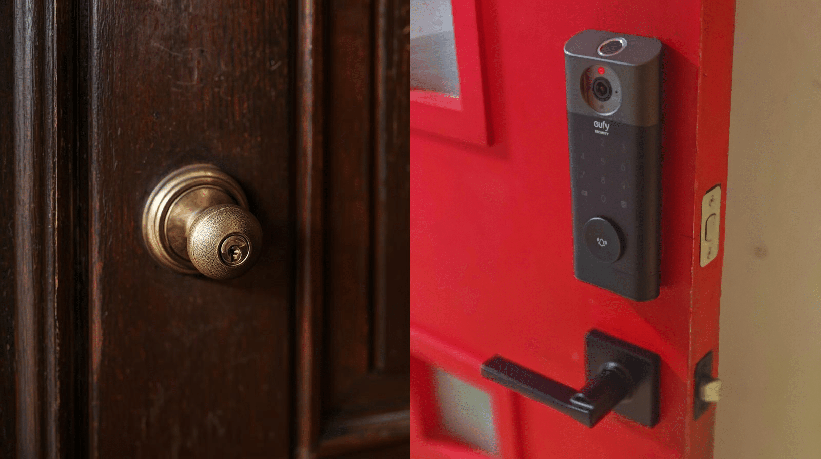 Comparación entre cerradura de pomo antigua y dispositivo de acceso moderno con cámara en puerta residencial