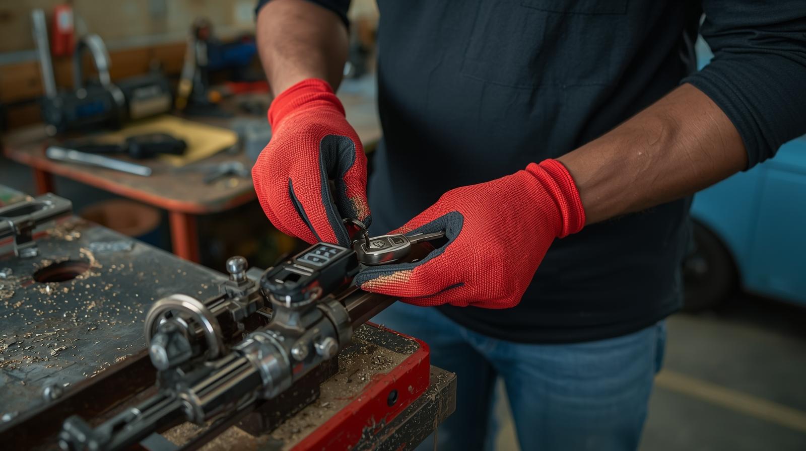Cerrajero con guantes rojos usando maquina cortadora precision para duplicar llave carro en taller