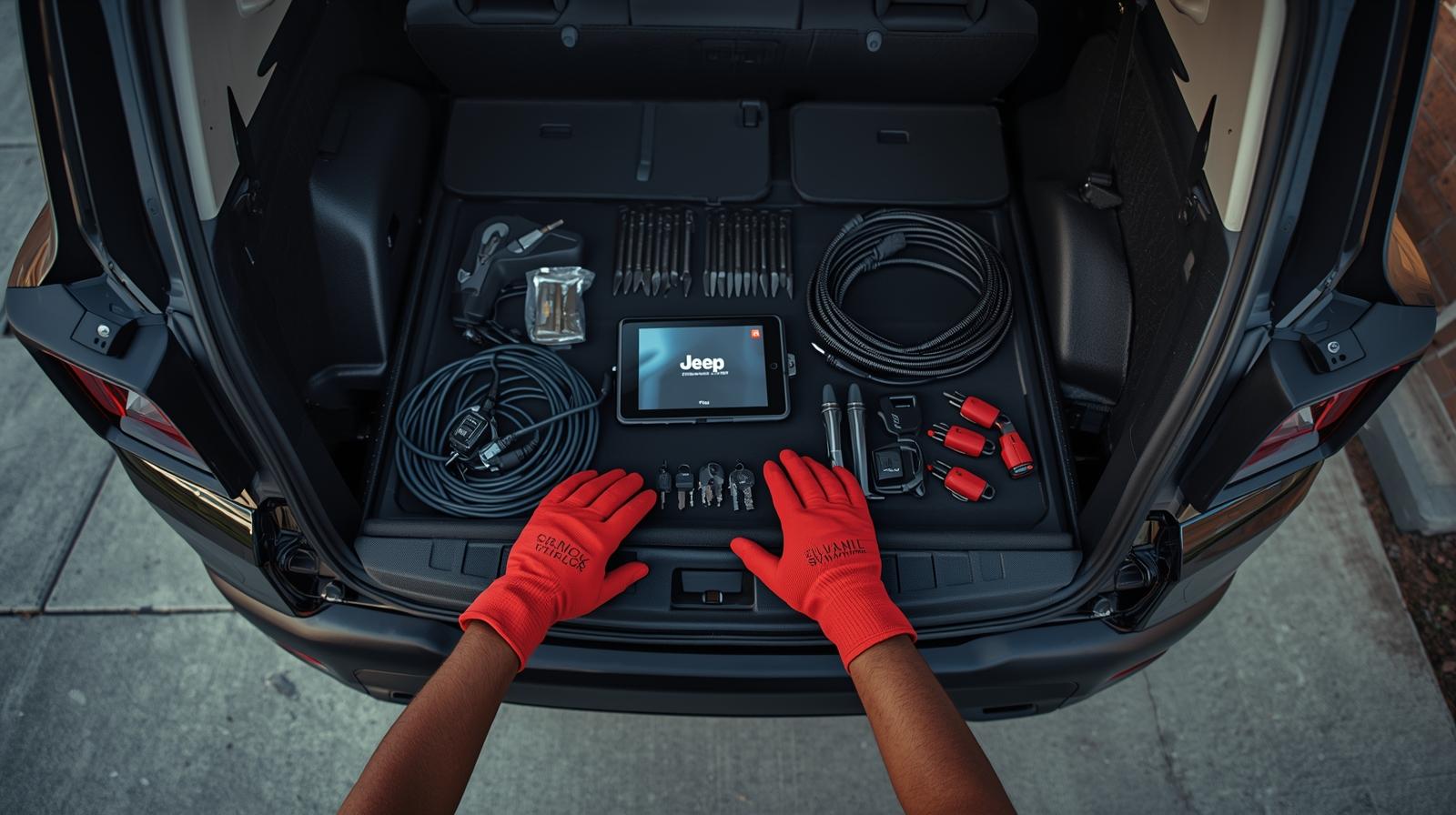 Manos con guantes rojos organizando tablet, cables y herramientas en maletero de Jeep Renegade negra residencia