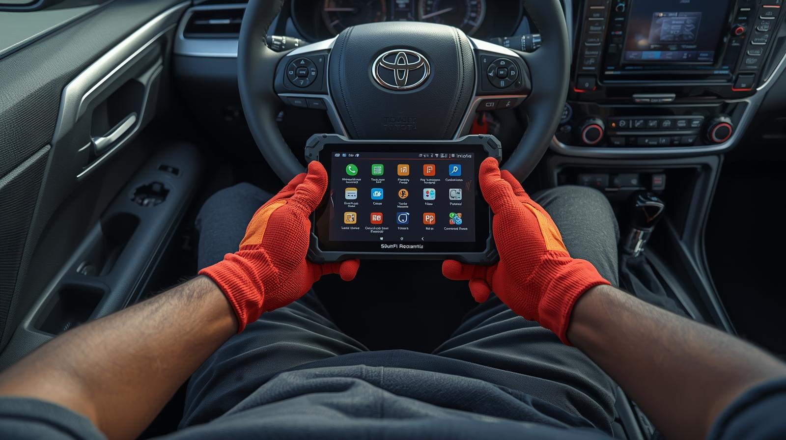 Tecnico con guantes rojos usando tablet profesional en interior de vehiculo Toyota desde asiento del conductor