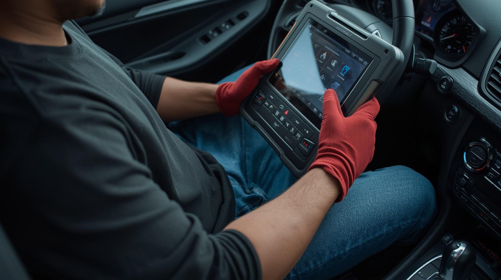 Tecnico cerrajero usando tablet programador Autel para codificar llave transponder dentro vehiculo