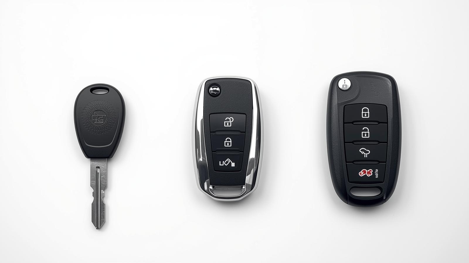 Tres tipos diferentes de llaves automotrices: mecanica basica, smart key moderna y flip key plegable