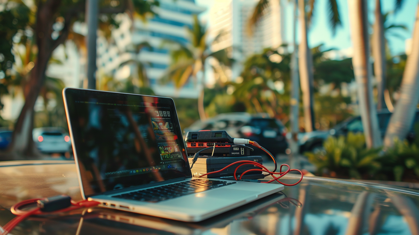 Laptop y equipo electrónico sobre capó de vehículo en estacionamiento exterior
