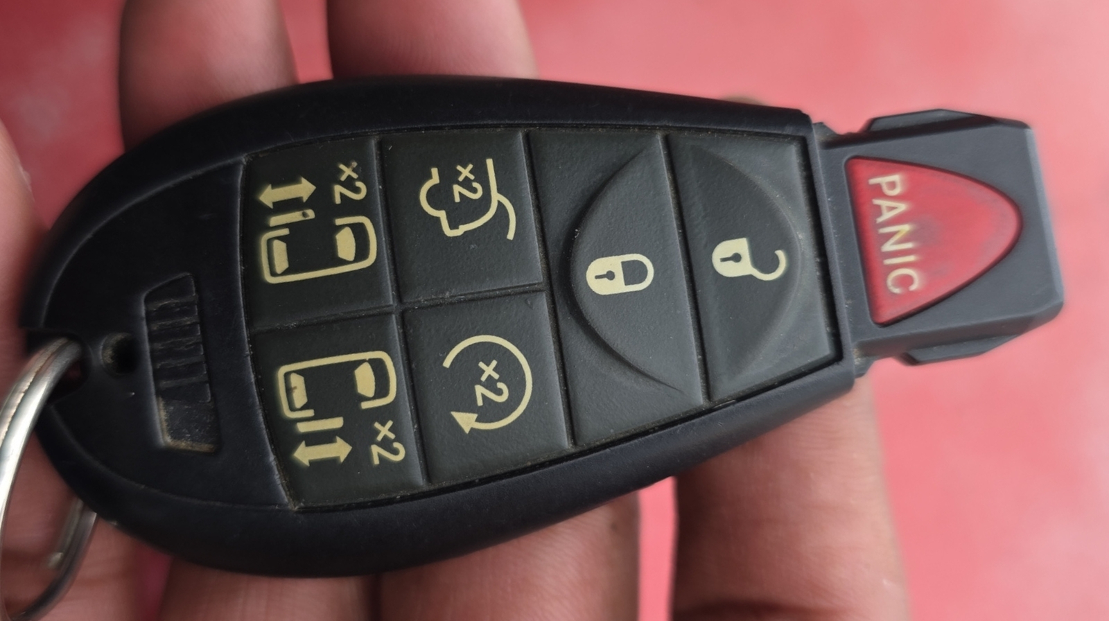 Fobik negro con botón PANIC rojo sostenido en la mano