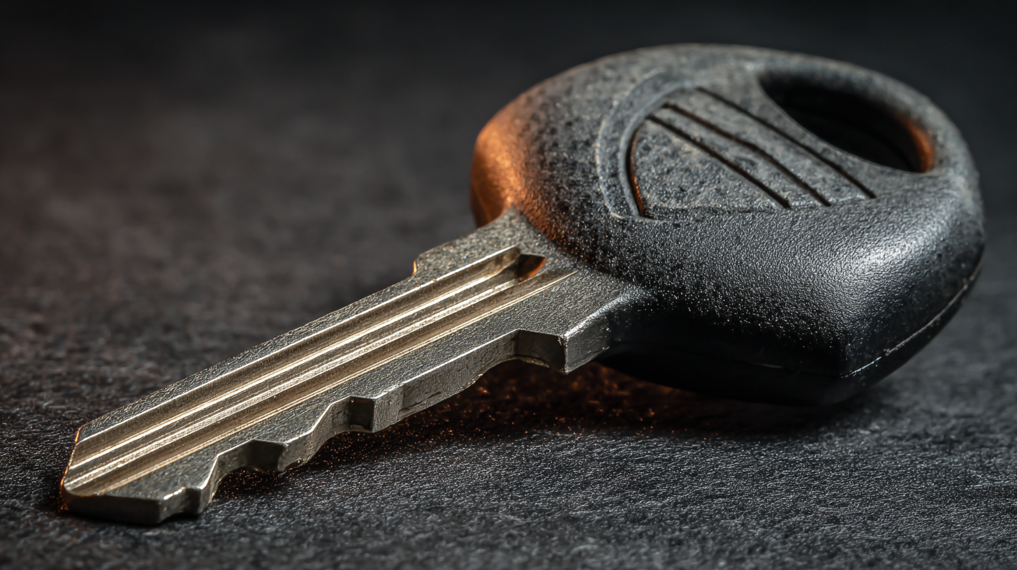 Llave de carro desgastada con cabeza plastica negra sobre superficie oscura