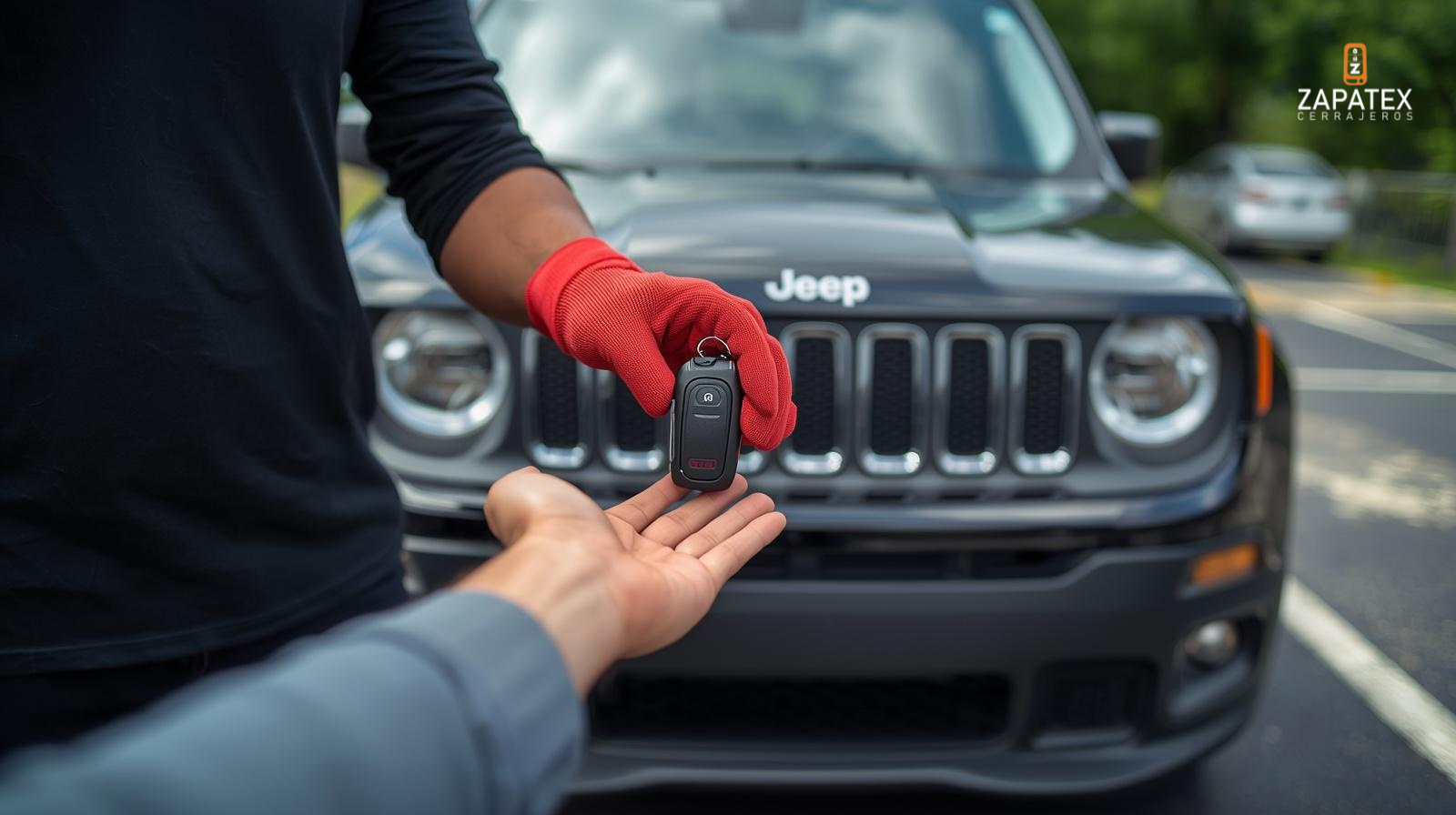Mano con guante rojo entregando llave negra a mano de cliente frente a Jeep negro