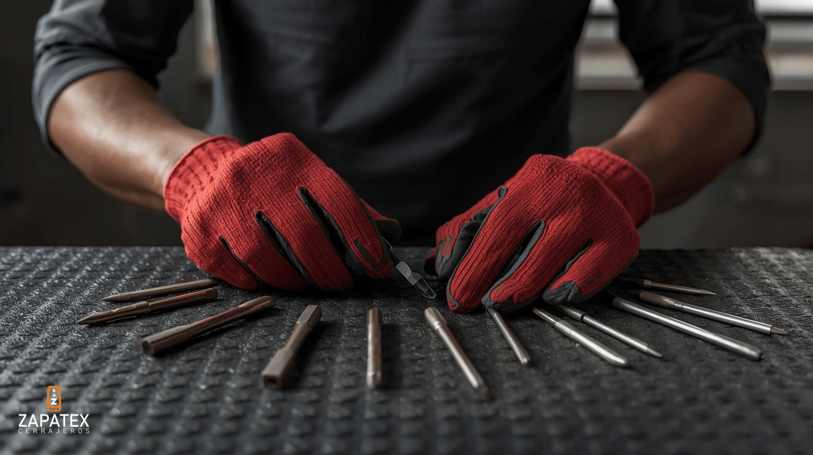 Manos con guantes rojos sosteniendo herramientas metálicas plateadas sobre superficie negra texturizada