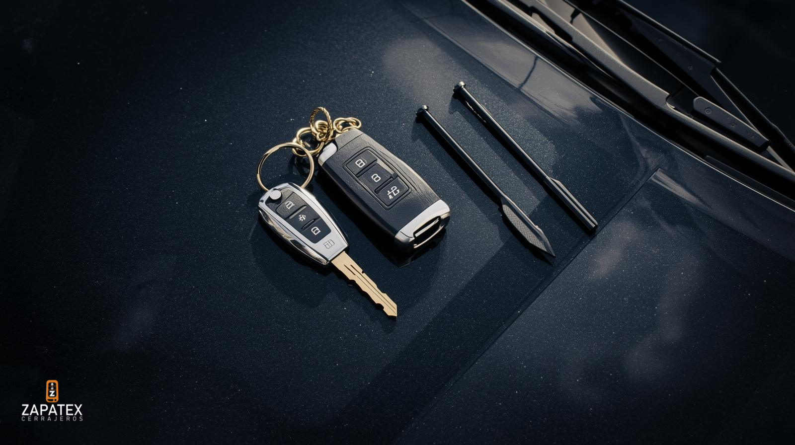 Llave flip plateada y beeper negro con herramienta metálica delgada sobre capó de carro negro