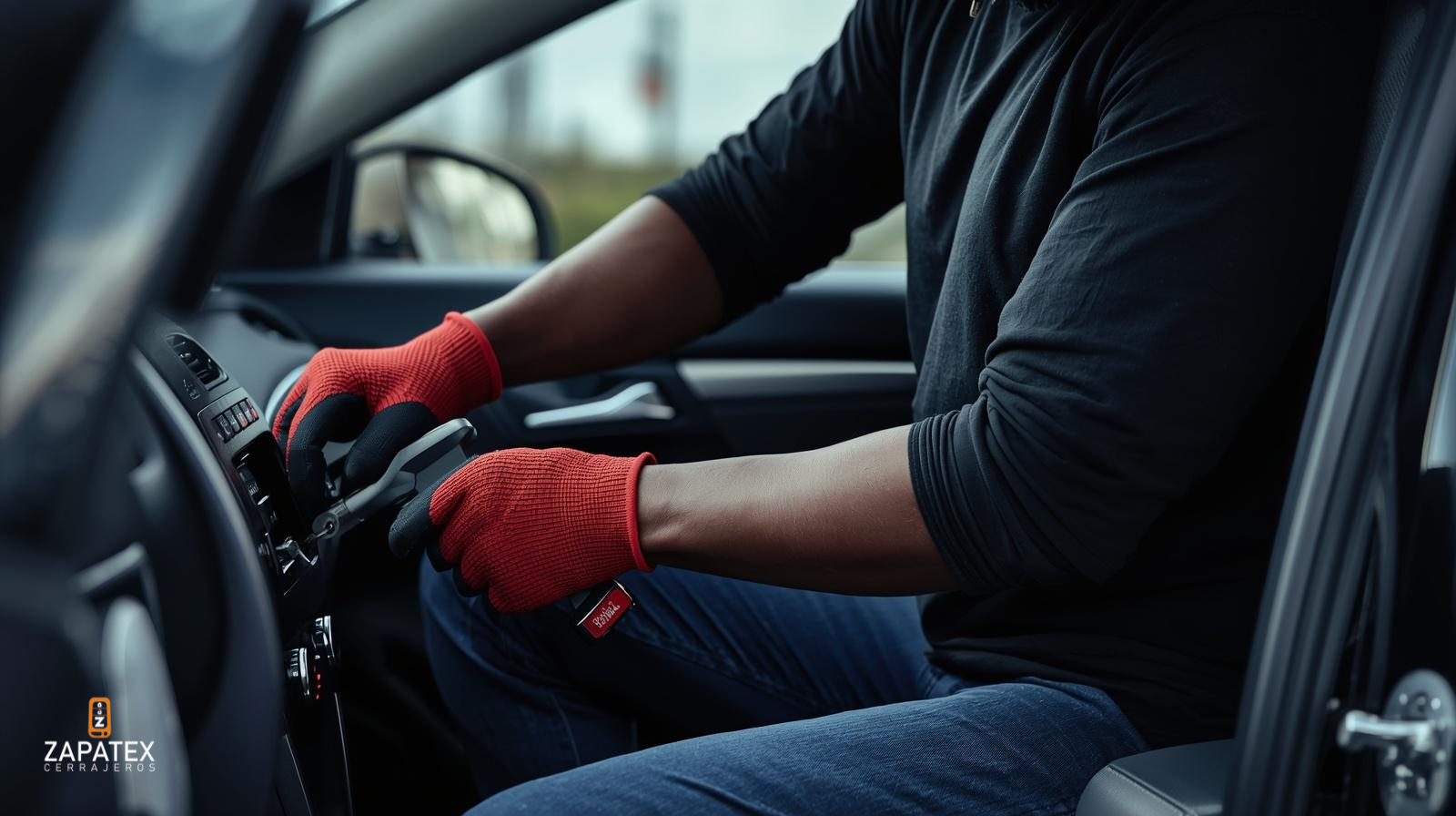 Manos con guantes rojos trabajando en panel interior de carro negro con camisa oscura