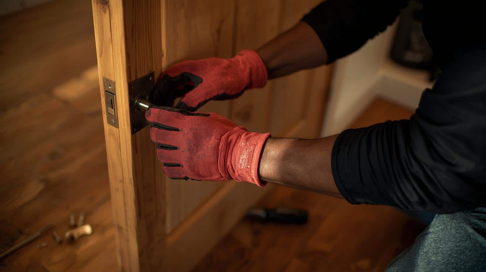 Manos con guantes rojos instalando mecanismo de cerradura residencial en borde de puerta de madera
