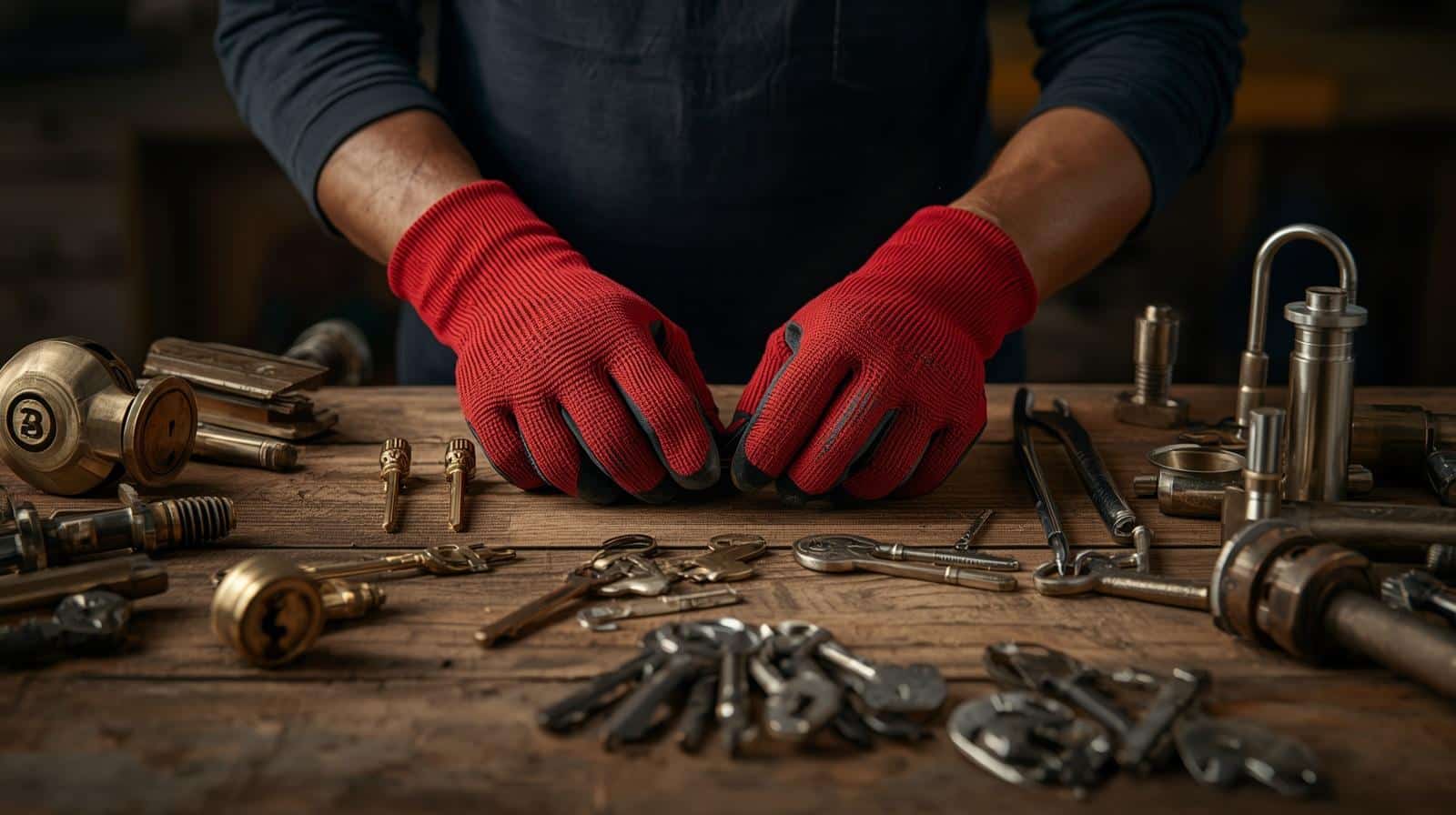 Piezas metalicas plateadas y herramientas de precision sobre superficie de madera clara
