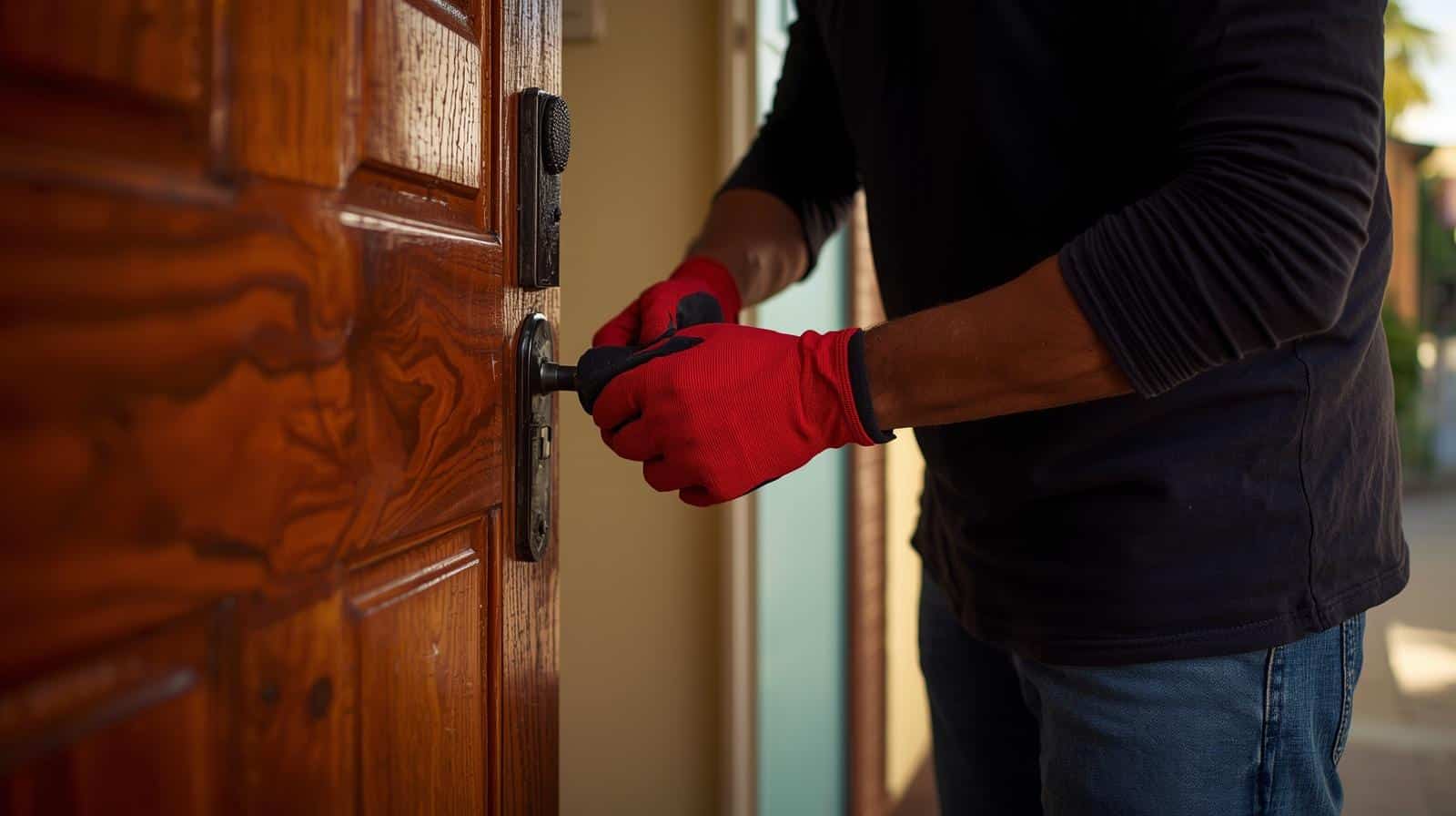 Cerrajero con guantes rojos trabajando en cerradura de puerta de madera en Puerto Rico