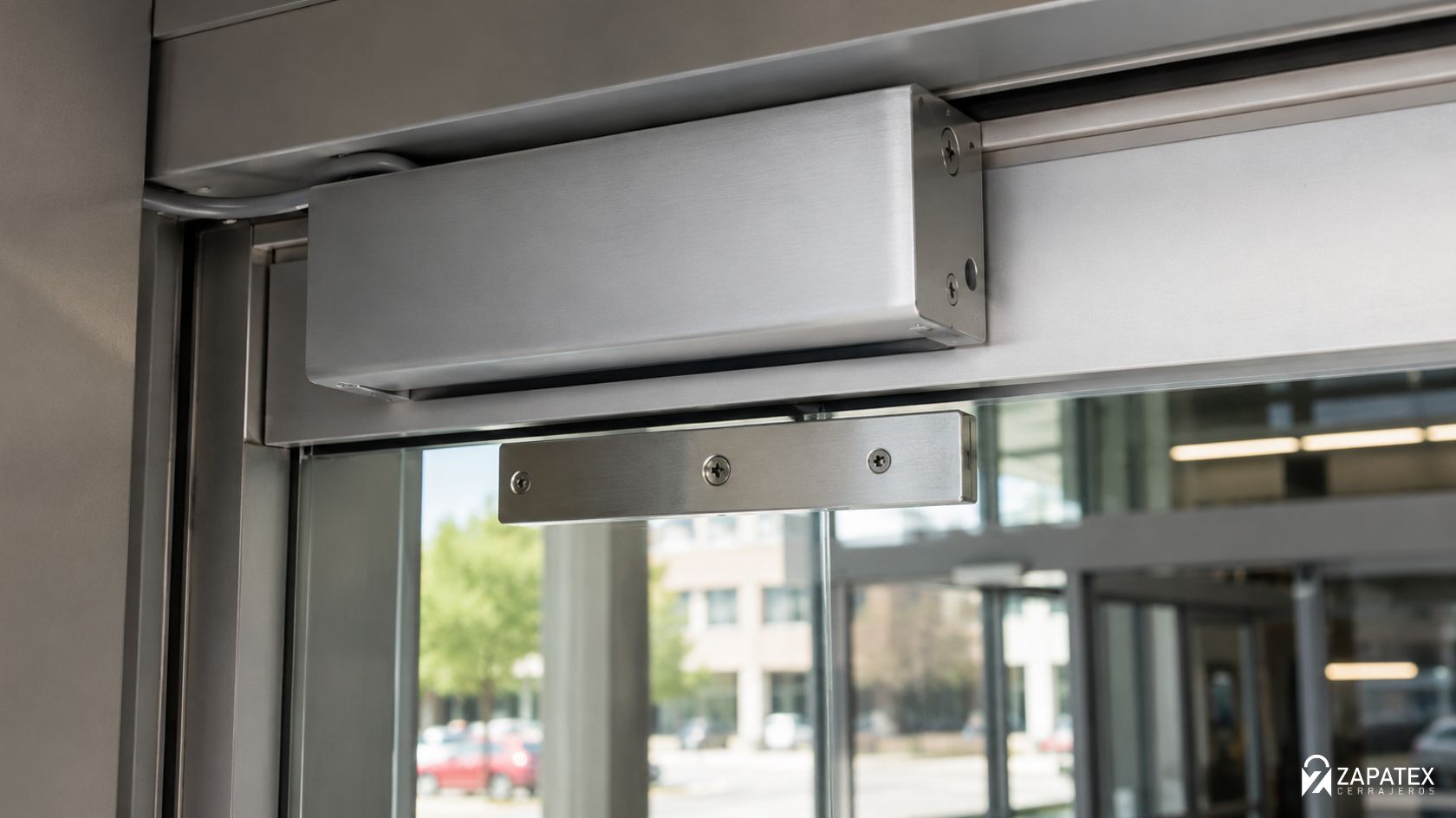 cerradura magnetica instalada en el marco de una puerta de cristal de un negocio