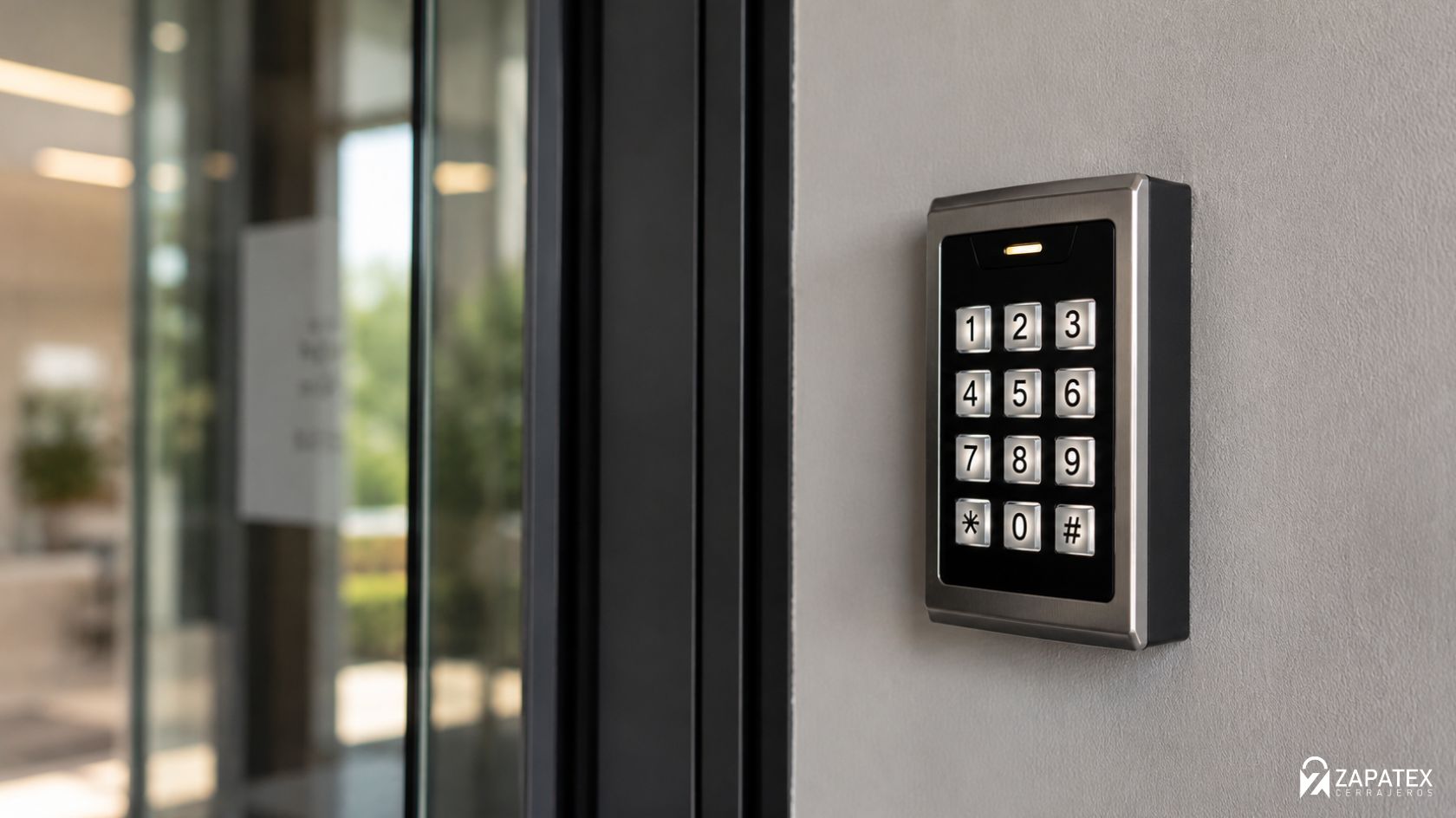 teclado de control de acceso montado en la pared junto a la entrada de un negocio