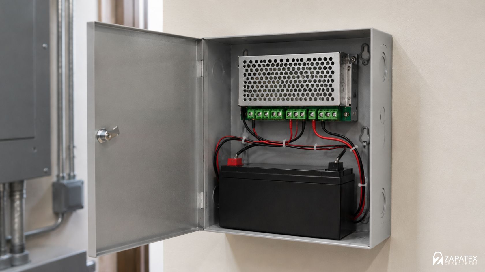 Caja metalica gris abierta con fuente de poder y bateria negra conectadas por cables rojos y negros