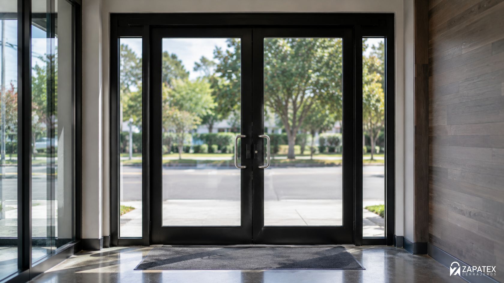 Puerta de cristal doble con marco de aluminio negro y manijas de acero en la entrada de un negocio